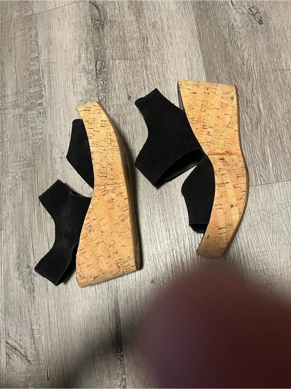 Pedro Garcia Black Suede Cork Wedge Sandals with Velcro Slingback